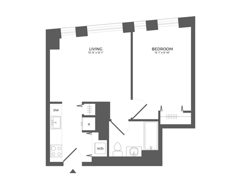 Floor plan for 1 bed, 1 bath, 553 sqft
